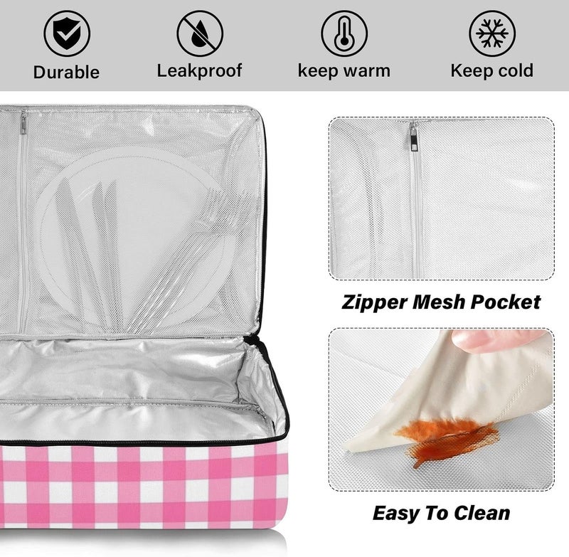 ElliTarr Casserole Carriers for Hot or Cold Food Reusable Casserole Dish Carrier Insulated Thermal Food Carrier Lasagna Holder Lugger Tote Potluck Containers for Travel Picnic Party Pink Plaid - Image 4