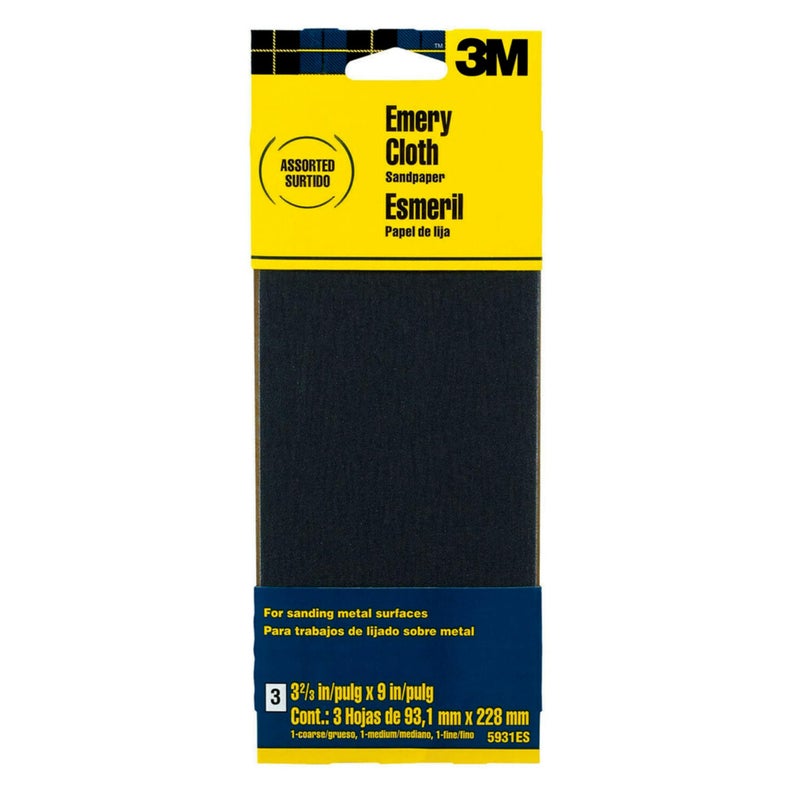 3M Emery Cloth Sandpaper, For Sanding Metal Surfaces, 3 Sheets, 3.67-in x 9-in, Assorted Grit Abrasives, Cloth Backed Sanding Paper, For Light Rust Removal & Cleaning, Light Metal Polishing (5931) - Image 1