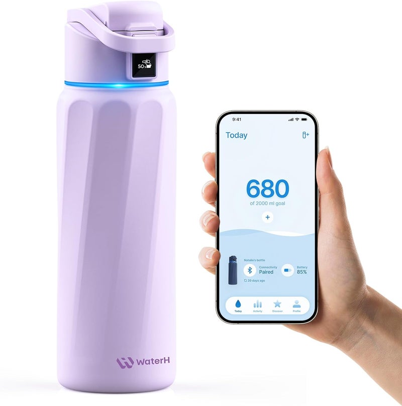 ووتر اتش زجاجة WATERH BOOST الذكية مع تذكير الشرب وتتبع الاستهلاك - زجاجة من الفولاذ المقاوم للصدأ معزولة بالفراغ مزدوجة الجدار سعة 32 أونصة، فوهة واسعة، هدية مثالية - أسود - Image 1