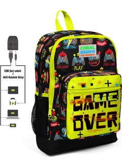 CORAL HIGH Kids Four Compartment Black Highlight Yellow Primary School Bag with USB Charging Headphone Output 23828 