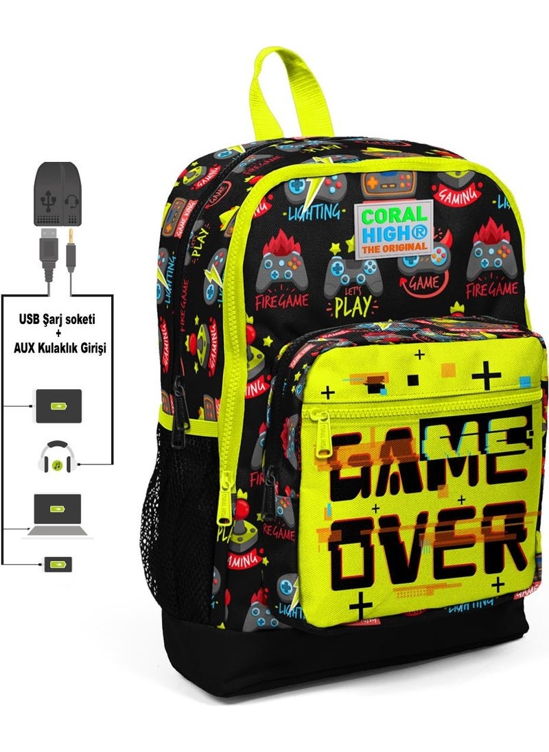 CORAL HIGH Kids Four Compartment Black Highlight Yellow Primary School Bag with USB Charging Headphone Output 23828 