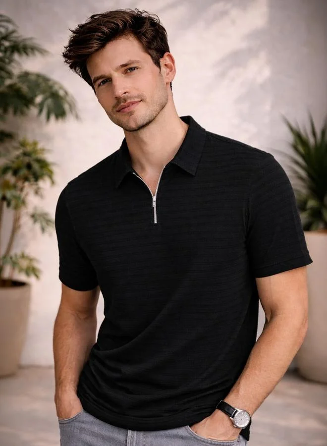 Take Two Black Solid Polo with Quarter Zip By The Dry State