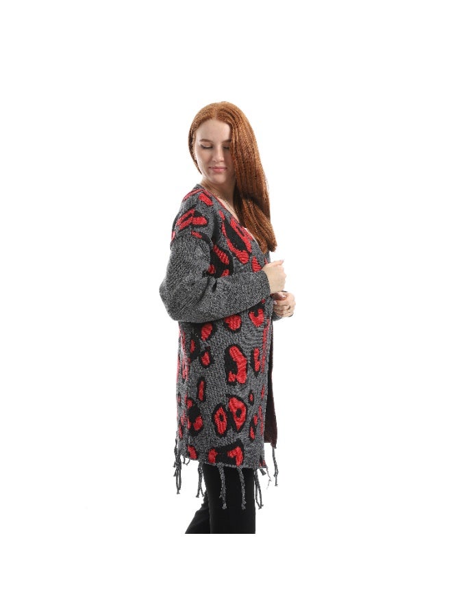 سيزار كارديجان حريمي صوف طويل مزود بنقوش وشراشيب - Image 2