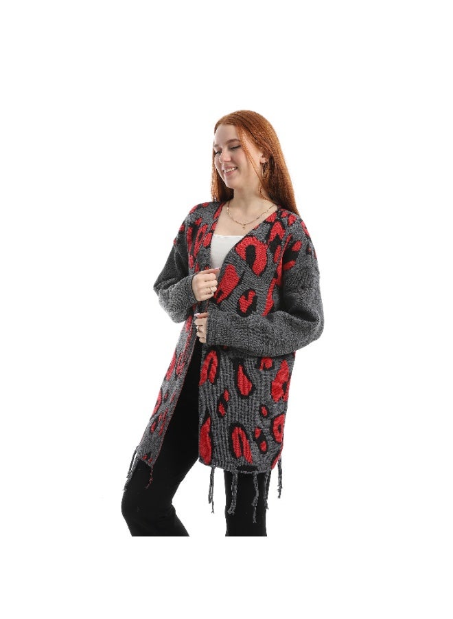 سيزار كارديجان حريمي صوف طويل مزود بنقوش وشراشيب - Image 4