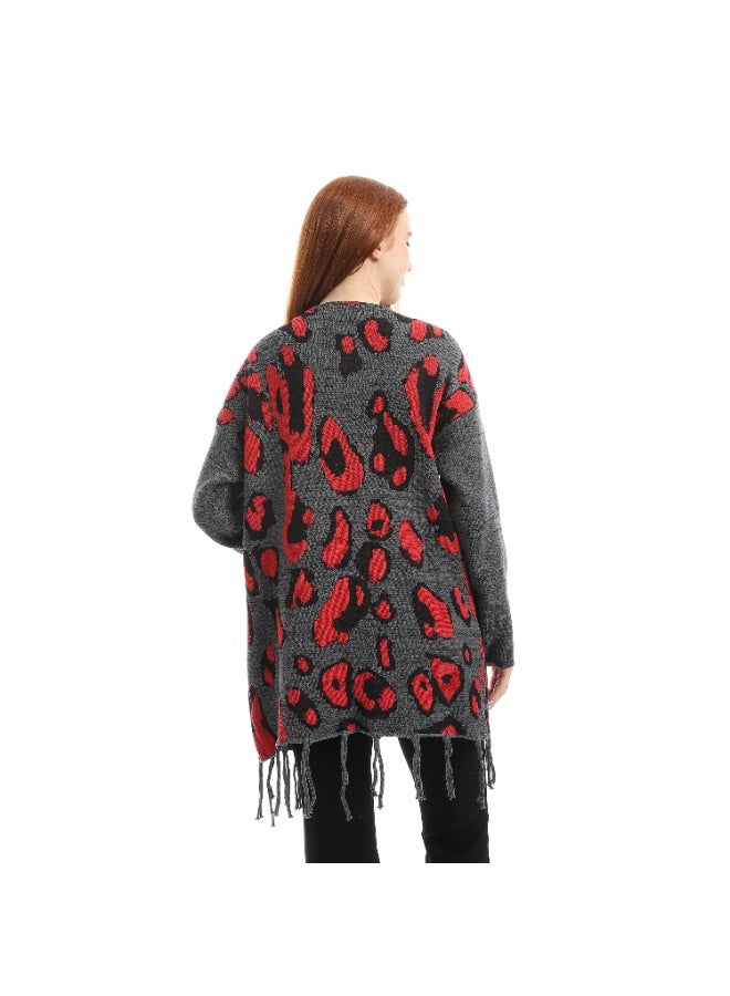 سيزار كارديجان حريمي صوف طويل مزود بنقوش وشراشيب - Image 3