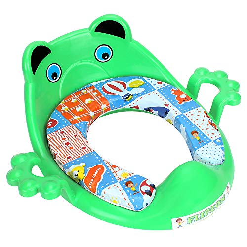 FLIPZON Cushioned Potty Training Seat for Kids | Cartoon Design | Comfortable Padded Toilet Seat with Handles & Splash Guard | Portable, Non-Slip, Easy-to-Clean Potty Chair for Boys & Girls (Green) - Image 1