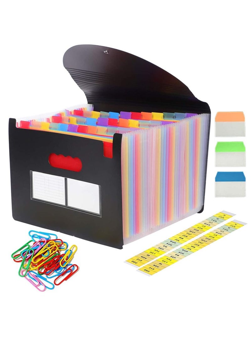 HomarKet - Expanding File Folder, 36 Pocket Accordion File Organizer A4 Letter Size Portable Document Organizer with Colored Tabs and Paper Clips , Accordian File folders Expandable Bill Coupon Folder Black - Image 1