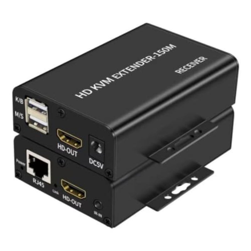 موسع HDMI KVM للاستخدام المكتبي المنزلي، هيكل معدني، أسود، نطاق 150 متر عبر Cat5e/Cat6 مع دعم 1080P والتبديل التلقائي MOSFET - Image 1