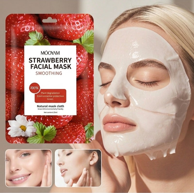 Strawberry Smoothing Facial Sheet Mask for Intense Smoothing, Radiant Glow & Barrier Protection - Vitamin C Rich Nourishing Strawberry Essence