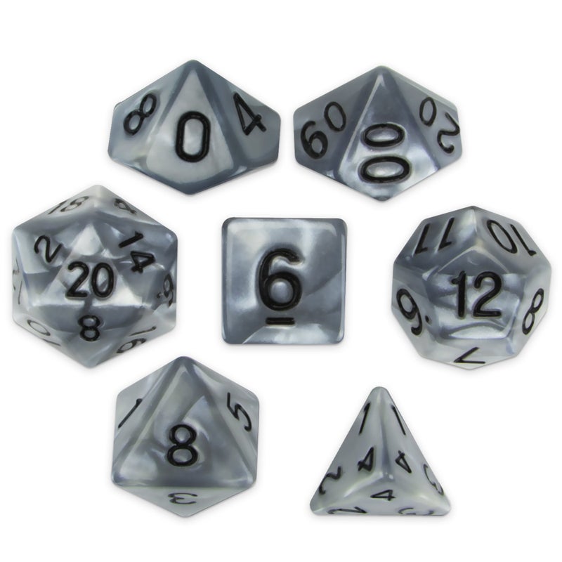 Wiz Dice Quicksilver Set of 7 Polyhedral Dice, Pearlescent Mercury Silver RPG Dice with Clear Display Box - Image 1