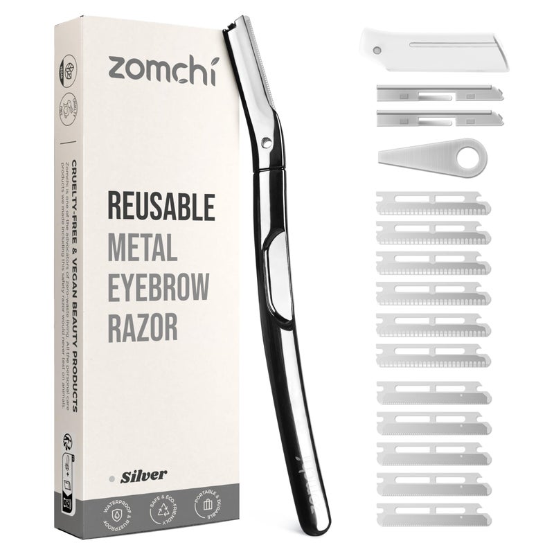 zomchi ZOMCHI Eyebrow Razor and Face Razor for Women and Men, Reusable Metal Handle with 11 Refill Blades, Dermaplane Razor with Protective Silicone Cap, Eyebrow Hair Trimmer - Polished Silver 
