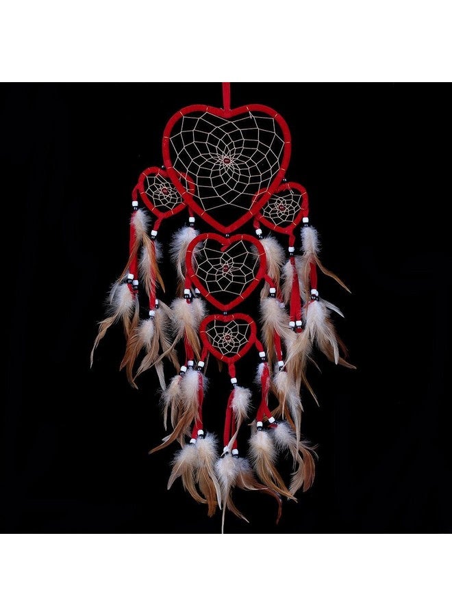 Yuyeran Heart Shaped Dream Catcher with Feathers Car Wall Hanging Decoration (Red) - Image 1