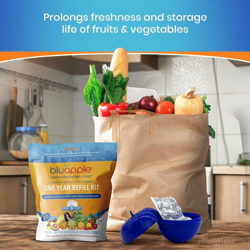 Bluapple Produce Saver Refill Kit - Keep Fruits & Vegetables Fresh Longer, Veggie & Fruit Saver, 8 Packets (9 grams each), Lasts up to 3 Months, Produce Storage, Ethylene Gas Absorber, Made in USA - Image 3