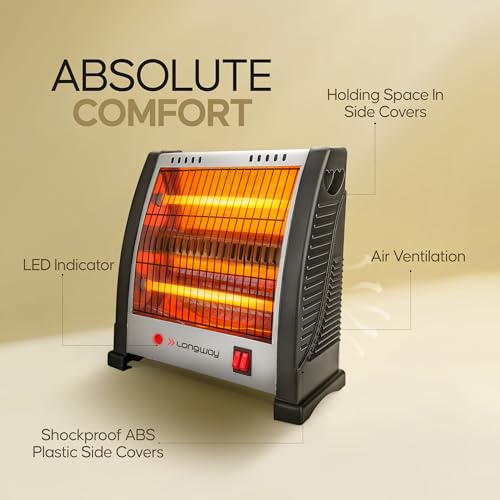 Longway Blaze 800W Quartz Room Heater | 2 Heating Rods for Quick Heating | ISI Approved | Dual Heat Settings (400W/800W) | Compact & Portable | Shockproof ABS Body | Grey - Image 3