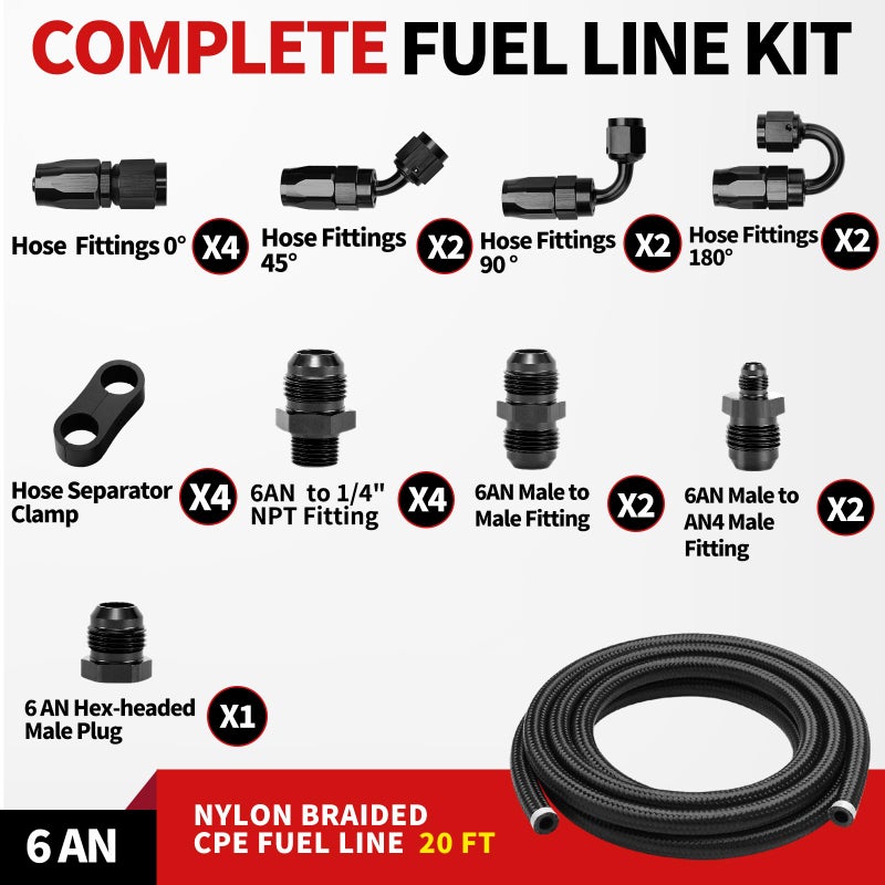 BRIFITOR 3/8â€˜â€™ 6AN 20FT Fuel Line Kit, Nylon Stainless Steel Braided CPE Fuel Line Hose Kit With 23PCS Swivel Hose Fittings Adapter - Image 2