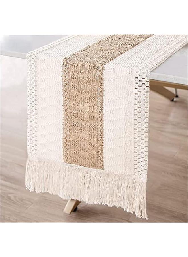 HOOKOR Macrame Table Runner Farmhouse Style, Natural Burlap Boho Table Runner Modern Farmhouse Decor Rustic Woven Cotton Crochet Lace for Bohemian, Rustic, Bridal, Dinner, 72 x 12 (Beige) - Image 1