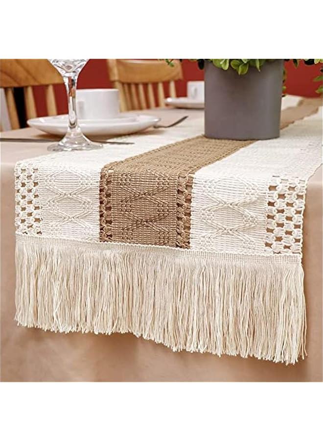 HOOKOR Macrame Table Runner Farmhouse Style, Natural Burlap Boho Table Runner Modern Farmhouse Decor Rustic Woven Cotton Crochet Lace for Bohemian, Rustic, Bridal, Dinner, 72 x 12 (Beige) - Image 2