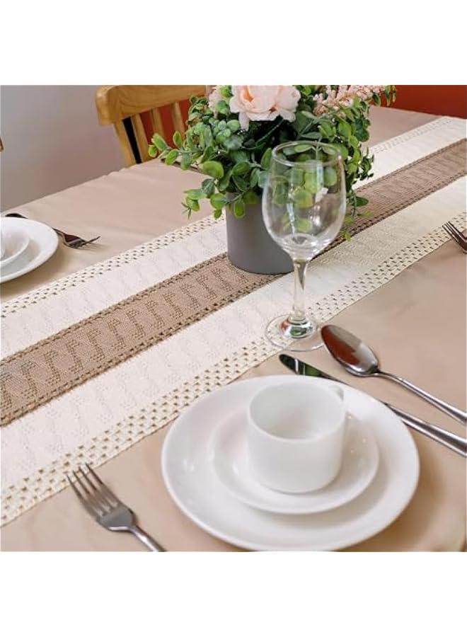 HOOKOR Macrame Table Runner Farmhouse Style, Natural Burlap Boho Table Runner Modern Farmhouse Decor Rustic Woven Cotton Crochet Lace for Bohemian, Rustic, Bridal, Dinner, 72 x 12 (Beige) - Image 4