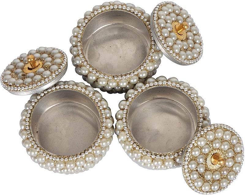 SM Creations Decorative Jewelry Box 6 cm x 6 cm x 3 cm Pack of 3 Decorative Vanity Box Sindoor Dabbi Kumkum Dani Handicraft Box Silver - Image 4