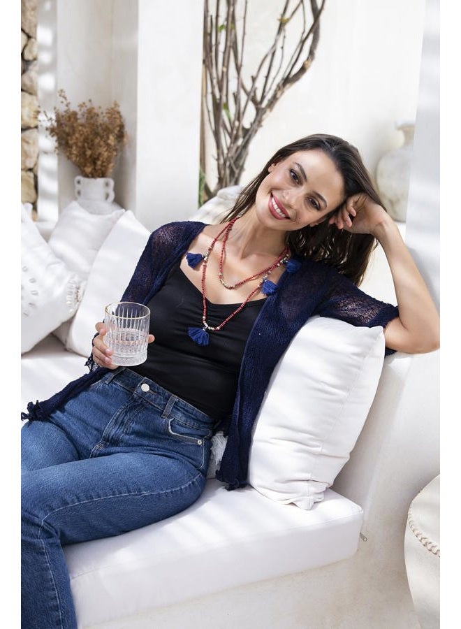 Back From Bali Womens Lightweight Knit Cardigan Shrug Lite Sheer Dark Navy - Image 4