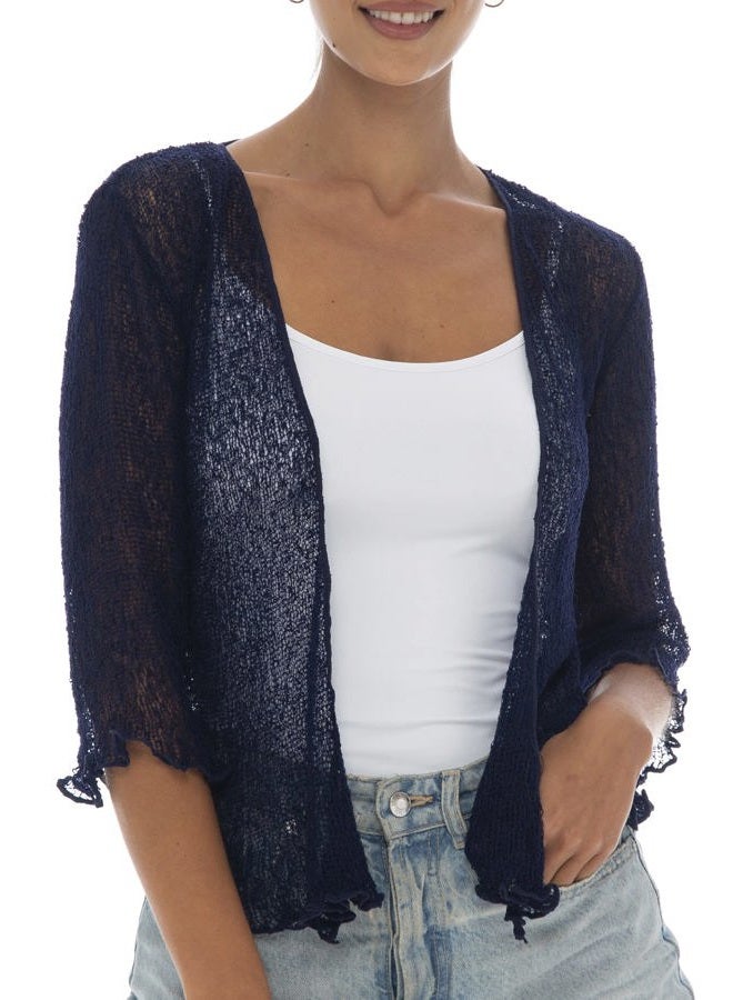 Back From Bali Womens Lightweight Knit Cardigan Shrug Lite Sheer Dark Navy - Image 1