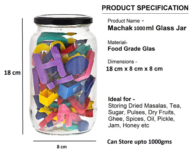 Machak Glass Jar Containers For Kitchen Storage With Airtight Black Lid, 1kg, Set of 4 - Image 2