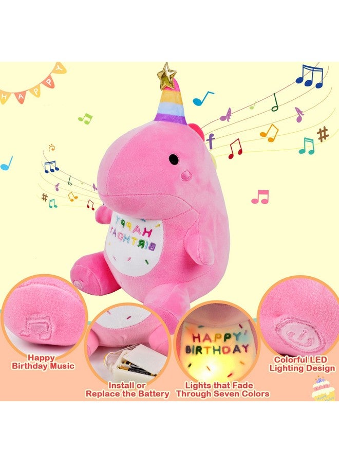 ChezMax Birthday Dinosaur Plush Stuffed Animal - 12" Pink Plush Toy with Light & Happy Birthday Music, Weighted Dino Plushie, Cute Kawaii Soft Pillow Gifts Stuffies for Boys Girls Babies Kids Decorations - Image 3