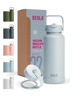 BEOLA 950ml Water Bottle 18/8 Stainless Steel 304 Double Wall Insulated Thermos Bottle with Straw Lid and wide mouth, 2 lids included, Hot Cold Liquids Sports Bottle, 32oz (Ice Blue)  - Image 1