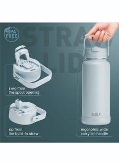 BEOLA 950ml Water Bottle 18/8 Stainless Steel 304 Double Wall Insulated Thermos Bottle with Straw Lid and wide mouth, 2 lids included, Hot Cold Liquids Sports Bottle, 32oz (Ice Blue)  - Image 3