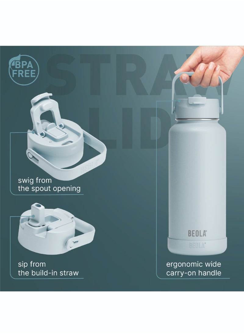 BEOLA 950ml Water Bottle 18/8 Stainless Steel 304 Double Wall Insulated Thermos Bottle with Straw Lid and wide mouth, 2 lids included, Hot Cold Liquids Sports Bottle, 32oz (Ice Blue)  - Image 3