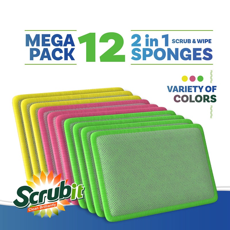 SCRUBIT - [12 Pack] Scrub and Wipe Cleaning Pads â€“ Dual Sided Scouring Pad and Dish Sponge -Reusable Kitchen Sponge for Pots, Pans Utensils & Non-Stick Cookware - Assorted Color Dishwashing sponges - Image 5