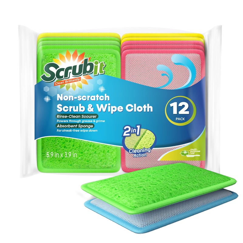 SCRUBIT - [12 Pack] Scrub and Wipe Cleaning Pads â€“ Dual Sided Scouring Pad and Dish Sponge -Reusable Kitchen Sponge for Pots, Pans Utensils & Non-Stick Cookware - Assorted Color Dishwashing sponges - Image 1