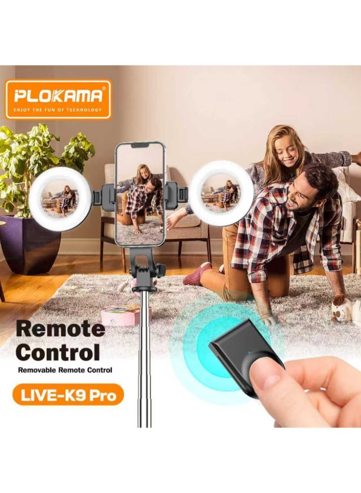 التخطيط حامل ثلاثي القوائم K9 Pro PLOKAMA مزدوج الإضاءة للسيلفي بطول 170 سم - حامل هاتف بإضاءة RGB مع جهاز تحكم عن بعد بتقنية البلوتوث، وحامل دوار للتصوير الفوتوغرافي والفيديو والبث المباشر - Image 2