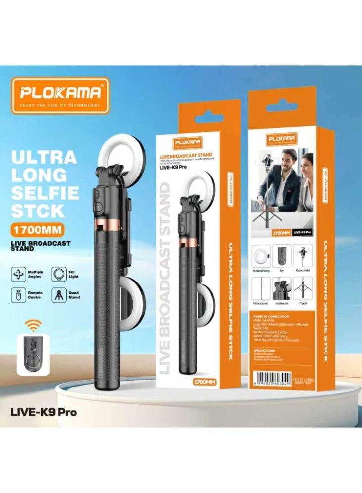 التخطيط حامل ثلاثي القوائم K9 Pro PLOKAMA مزدوج الإضاءة للسيلفي بطول 170 سم - حامل هاتف بإضاءة RGB مع جهاز تحكم عن بعد بتقنية البلوتوث، وحامل دوار للتصوير الفوتوغرافي والفيديو والبث المباشر - Image 1