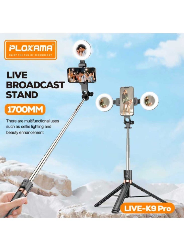 التخطيط حامل ثلاثي القوائم K9 Pro PLOKAMA مزدوج الإضاءة للسيلفي بطول 170 سم - حامل هاتف بإضاءة RGB مع جهاز تحكم عن بعد بتقنية البلوتوث، وحامل دوار للتصوير الفوتوغرافي والفيديو والبث المباشر - Image 3