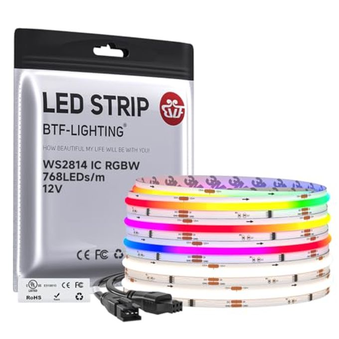 BTF-LIGHTING FCOB COB LED Strip Light, WS2814 Smart IC RGBW 4000K Color Chasing Light, UL Listed DC12V 16.4FT 784LEDs/m High Density 10mm Width for Home Party DIY Decor(No Adapter or Controller) - Image 1