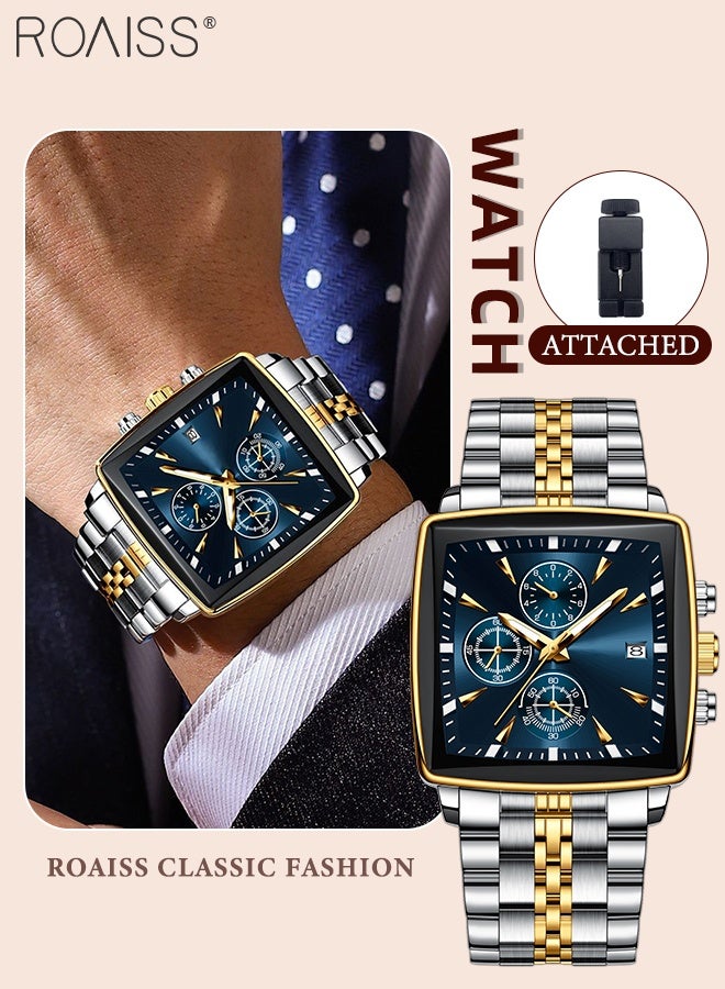 roaiss Men's Luxury Steel Band Quartz Watch, Analog Display Square Dial with Calendar Window, Stylish Waterproof Luminous Multi-function Chronograph Wristwatch, as Gift for Men - Image 1