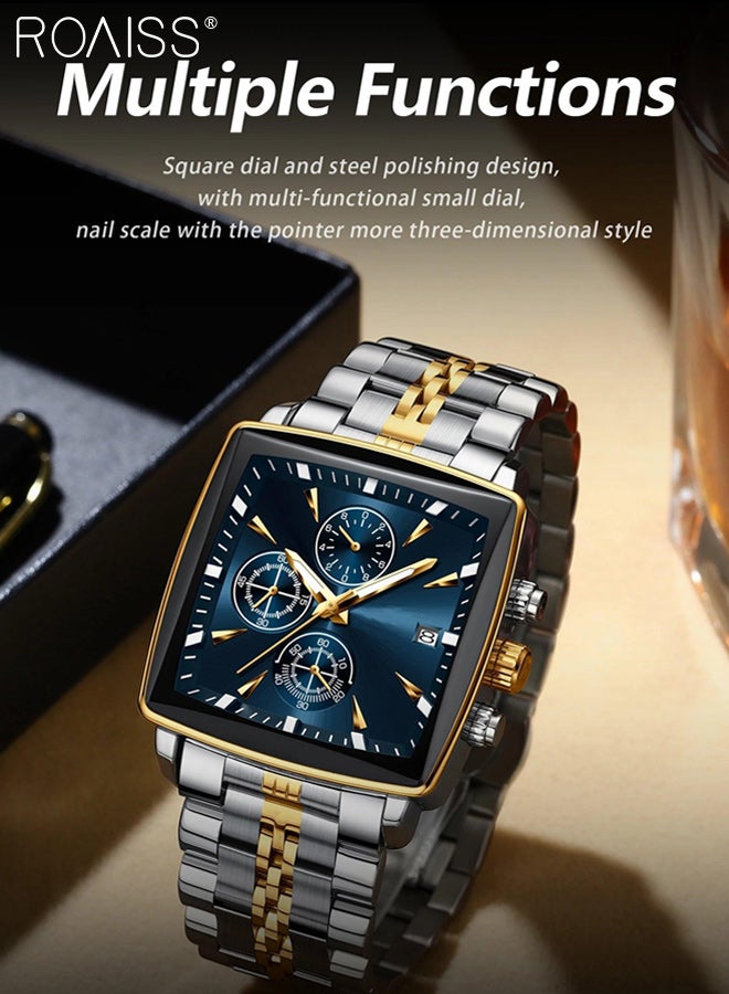 roaiss Men's Luxury Steel Band Quartz Watch, Analog Display Square Dial with Calendar Window, Stylish Waterproof Luminous Multi-function Chronograph Wristwatch, as Gift for Men - Image 2