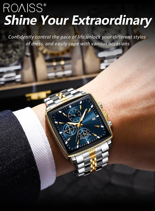 roaiss Men's Luxury Steel Band Quartz Watch, Analog Display Square Dial with Calendar Window, Stylish Waterproof Luminous Multi-function Chronograph Wristwatch, as Gift for Men - Image 3