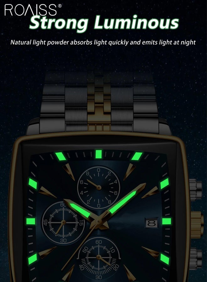 roaiss Men's Luxury Steel Band Quartz Watch, Analog Display Square Dial with Calendar Window, Stylish Waterproof Luminous Multi-function Chronograph Wristwatch, as Gift for Men - Image 5