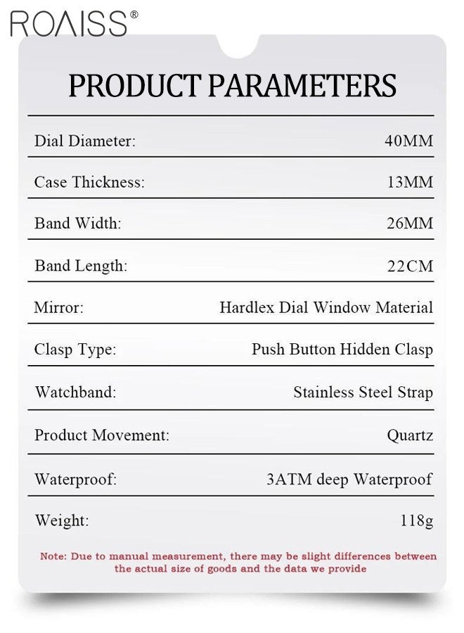 roaiss Men's Luxury Steel Band Quartz Watch, Analog Display Square Dial with Calendar Window, Stylish Waterproof Luminous Multi-function Chronograph Wristwatch, as Gift for Men - Image 4