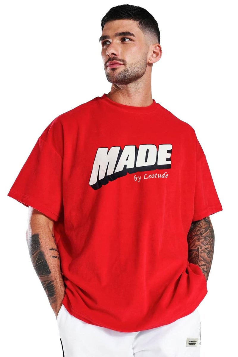 LEOTUDE Men's Oversized Half Sleeve Round Neck T-Shirt (FS49PRPLE_DRGN_P_Red_M) - Image 5
