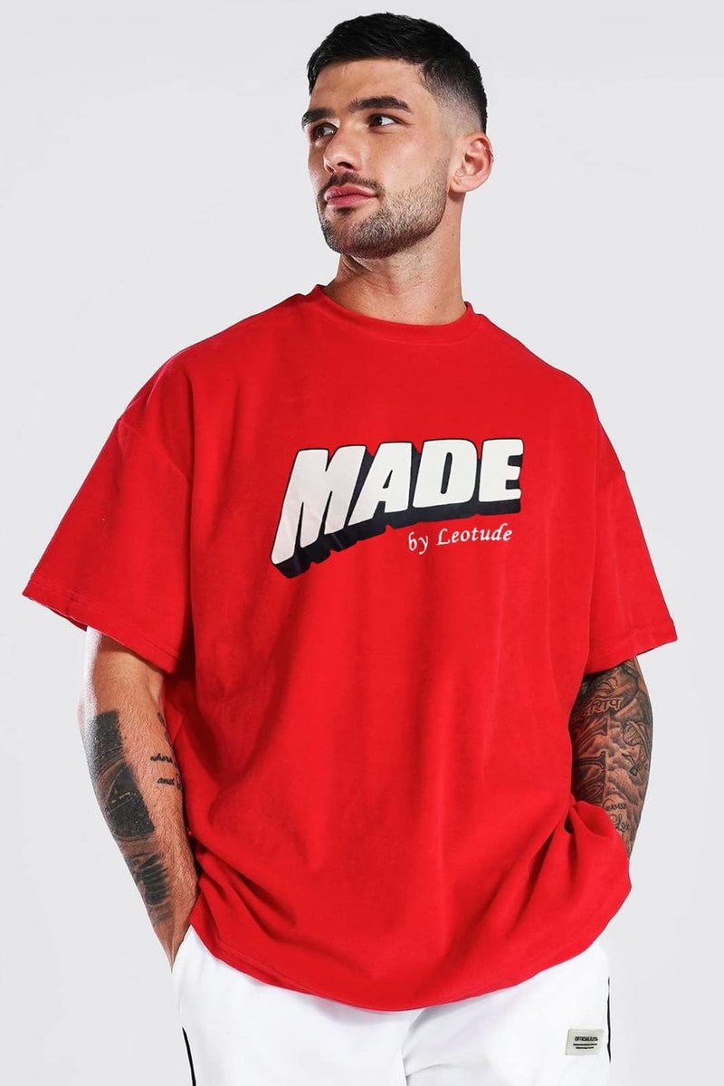 LEOTUDE Men's Oversized Half Sleeve Round Neck T-Shirt (FS49PRPLE_DRGN_P_Red_M) - Image 3