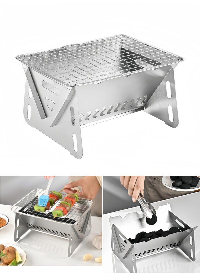 Eilimi Portable Backpacking Stove with Grill Grid, Folding Stainless Steel Charcoal Grill, Ultralight Wood Burning Camp Stove for Hiking, Picnics, Garden & Backyard Cooking, Mini Portable BBQ Grill - Image 1