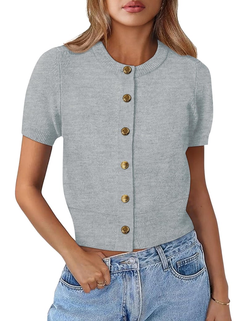 Kistore Womens Casual Summer Short Sleeve Sweater Cardigan Button Down Crew Neck Knitted Crop Cardigan Tops Light Gray Small - Image 1