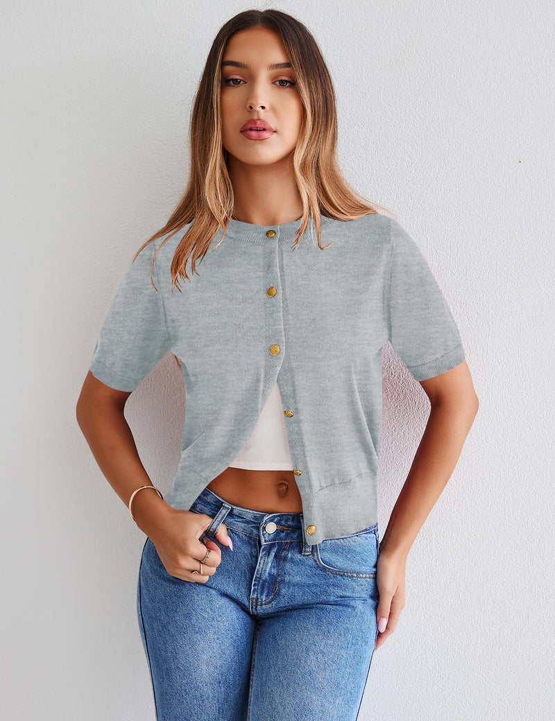 Kistore Womens Casual Summer Short Sleeve Sweater Cardigan Button Down Crew Neck Knitted Crop Cardigan Tops Light Gray Small - Image 3