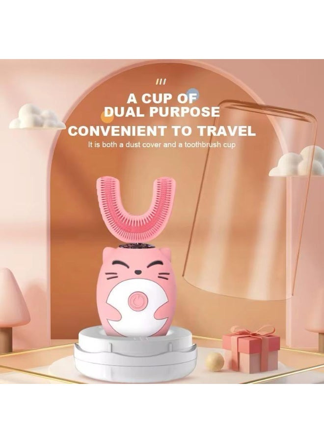 فرشاة أسنان كهربائية للأطفال على شكل حرف U - تنظيف صوتي تلقائي 360 درجة، رأس فرشاة من السيليكون الناعم، قابلة لإعادة الشحن، مقاومة للماء، ضوء LED، للأعمار من 2 إلى 15 عامًا، عناية آمنة وممتعة بالفم (وردي) - Image 2