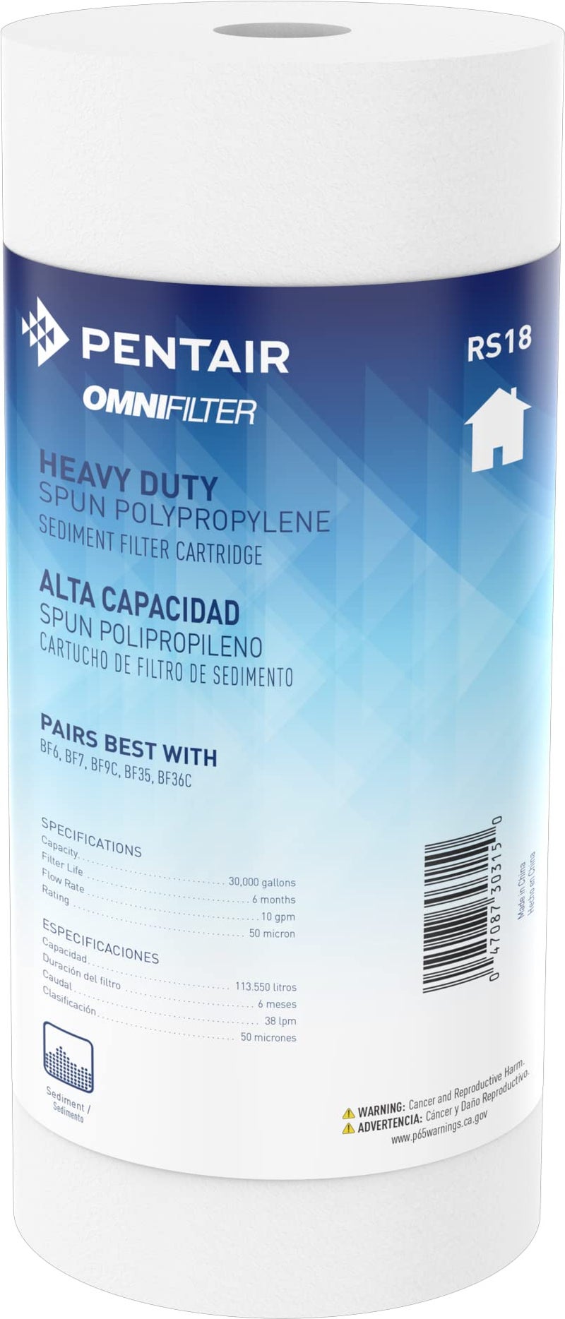 OMNIFilter Pentair OMNIFilter RS18 Sediment Water Filter 10Inch Whole House Heavy Duty Big Blue Spun Polypropylene Replacement Cartridge 10 x 45 50 Micron White