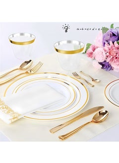 Beauenty 100 Gold Plastic Cups 9 Oz Clear Plastic Cups,Disposable Wedding Cups Elegant Party Cups With Gold Rim,Gold Rimmed Cups Fancy Party Cups，Reusable Plastic Cups  - Image 2