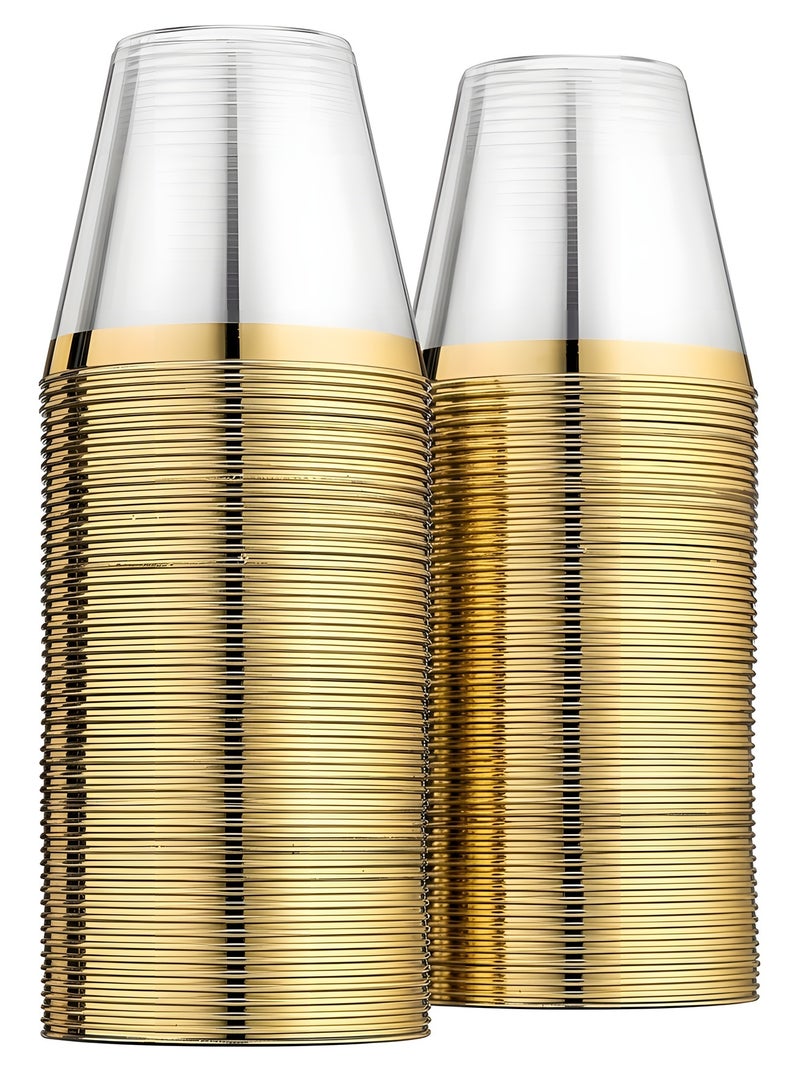 Beauenty 100 Gold Plastic Cups 9 Oz Clear Plastic Cups,Disposable Wedding Cups Elegant Party Cups With Gold Rim,Gold Rimmed Cups Fancy Party Cups，Reusable Plastic Cups - Image 1